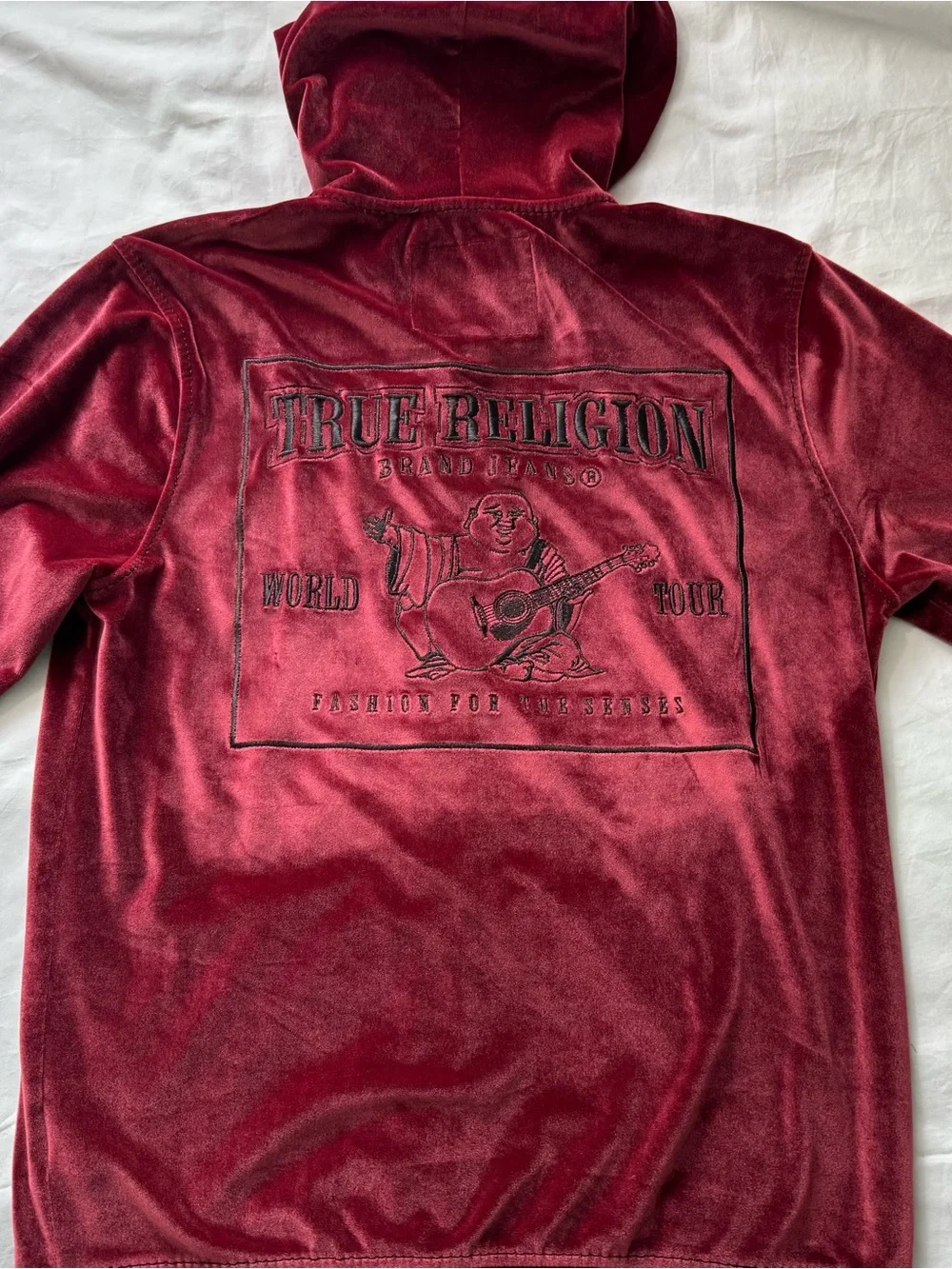 True Religion Men's Velour Zip-Up Hoodie in a deep burgundy or maroon color.